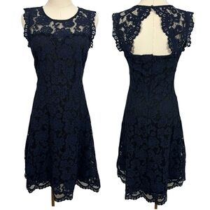 Reitmans Sweetheart Fit & Flare Dress Sz 4 Navy Blue Lace Overlay Open Back VGUC